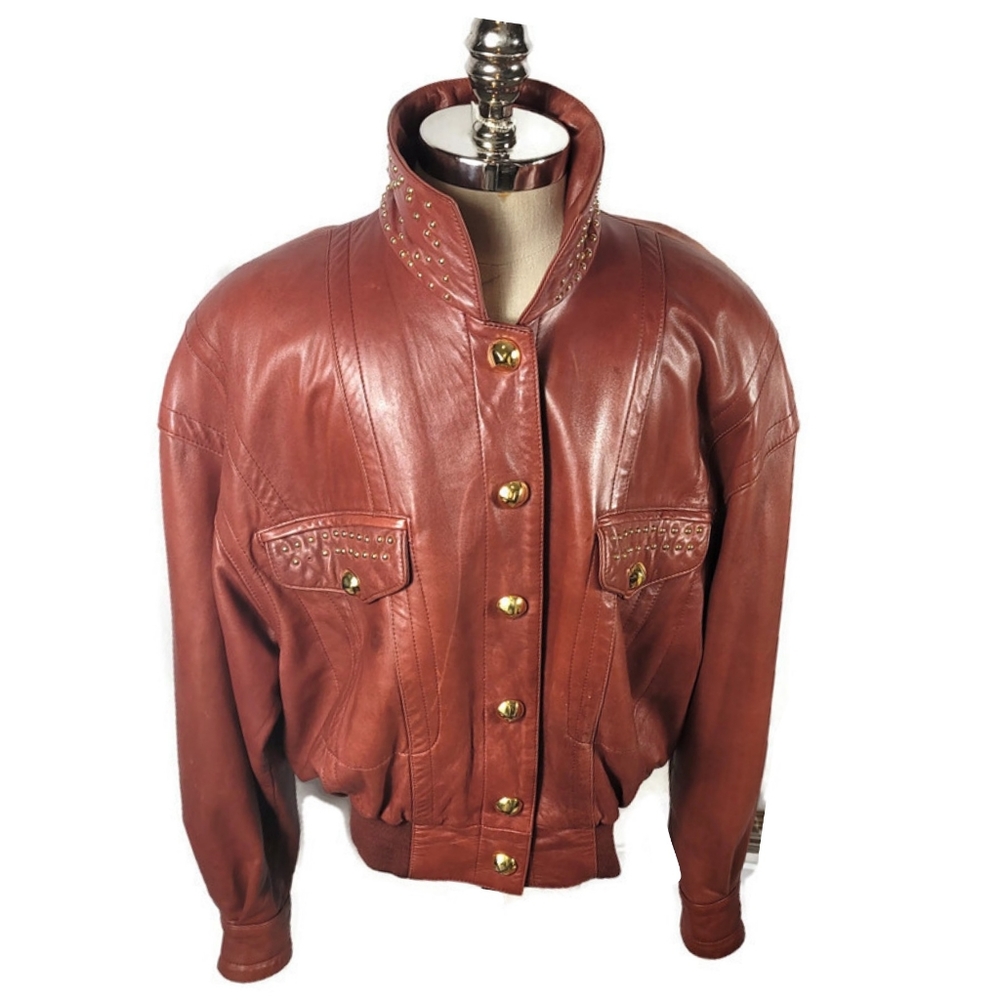 Vtg 80s Escada Margaretha Ley Red/Brown Buttery Soft Leather Bomber Jacket Med